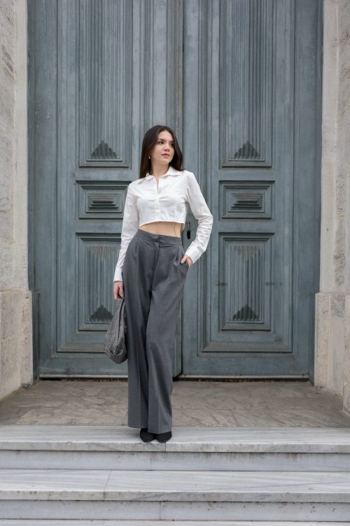 Beyaz Fleto Cep Crop Gömlek