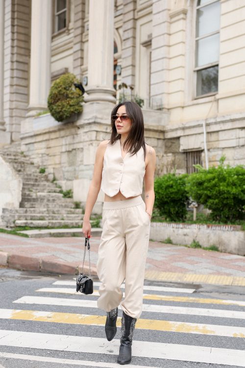 Krem Keten Yelek Pantolon Takım