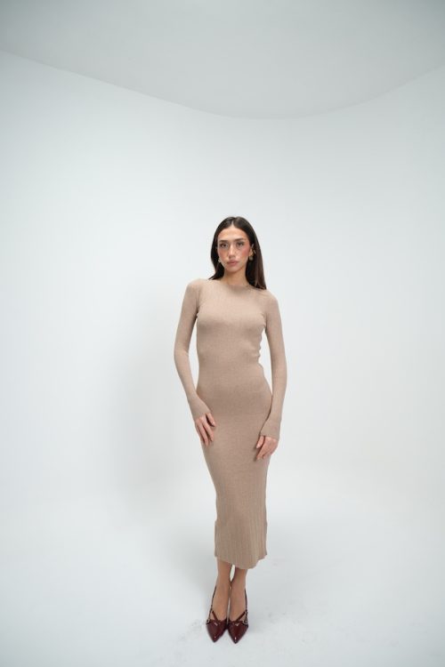 Camel Triko Kayık Yaka Biyeli Elbise